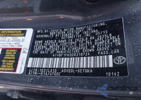 2013 Toyota Camry Xle from USA, damaged, VIN 4T4BF1FK0DR318724